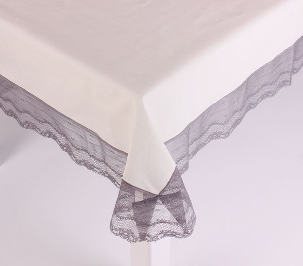 resm KETEN EKRU FÜME DANTELLI DIKDÖRTGEN MASA ÖRTÜ