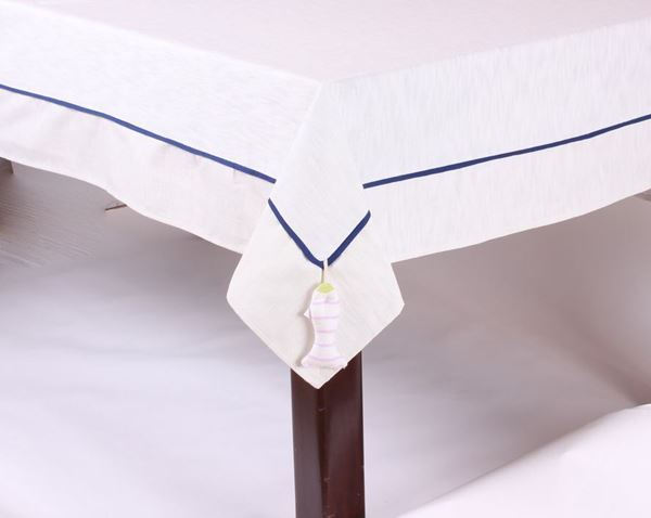 resm KETEN EKRU LACIVERT BIYELI BALIK SARKAÇLI DIKDÖRTGEN MASA ÖRTÜ